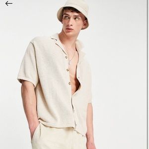 ASOS design knitted midweight button through polo in beige